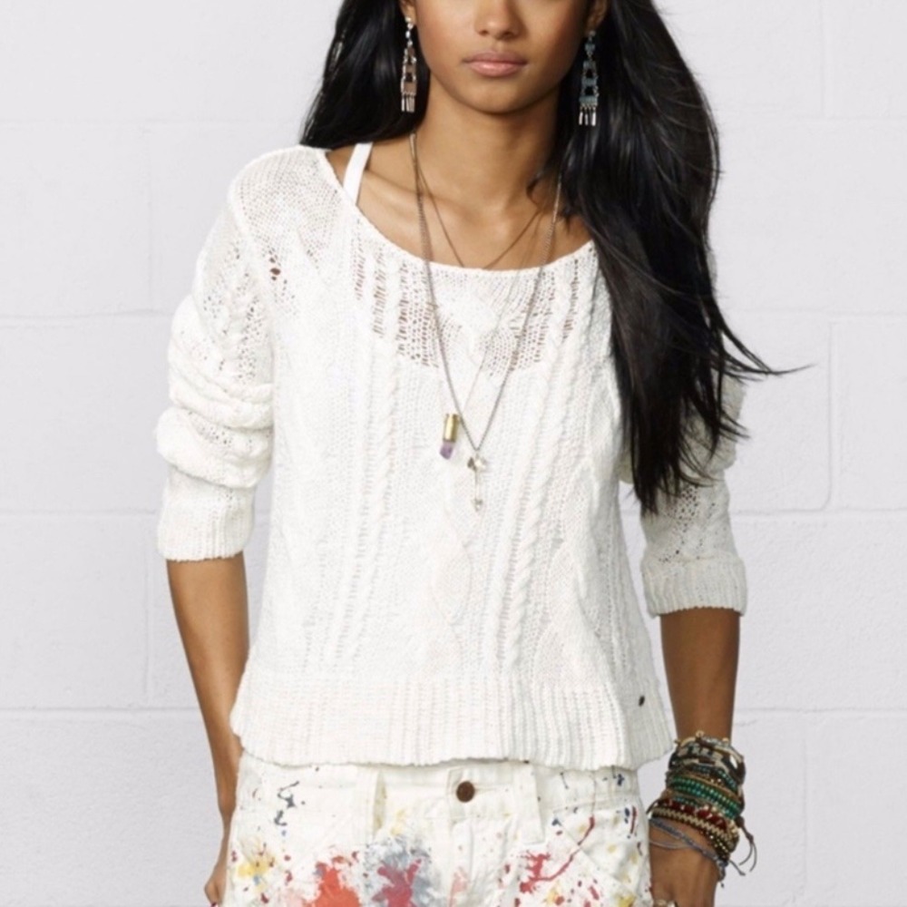 Denim & Supply Ralph Lauren Linen Blend Open Cable Knit White Sweater SZ L
